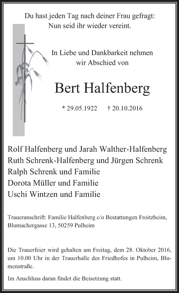  Traueranzeige für Bert Halfenberg vom 26.10.2016 aus  Wochenende 
