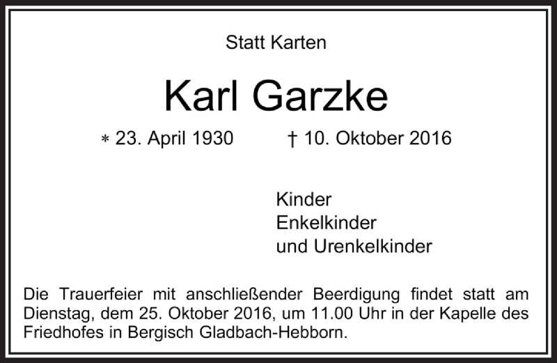  Traueranzeige für Karl Garzke vom 22.10.2016 aus  Bergisches Sonntagsblatt 