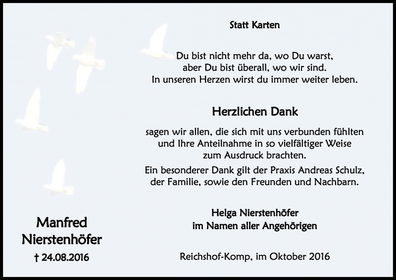  Traueranzeige für Manfred Nierstenhöfer vom 15.10.2016 aus Kölner Stadt-Anzeiger / Kölnische Rundschau / Express