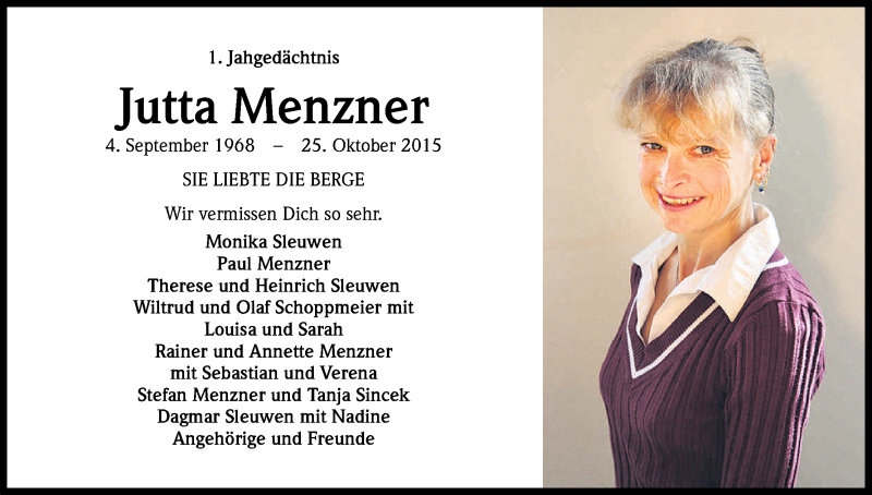  Traueranzeige für Jutta Menzner vom 25.10.2016 aus Kölner Stadt-Anzeiger / Kölnische Rundschau / Express