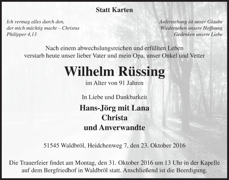  Traueranzeige für Wilhelm Rüssing vom 26.10.2016 aus  Lokalanzeiger 