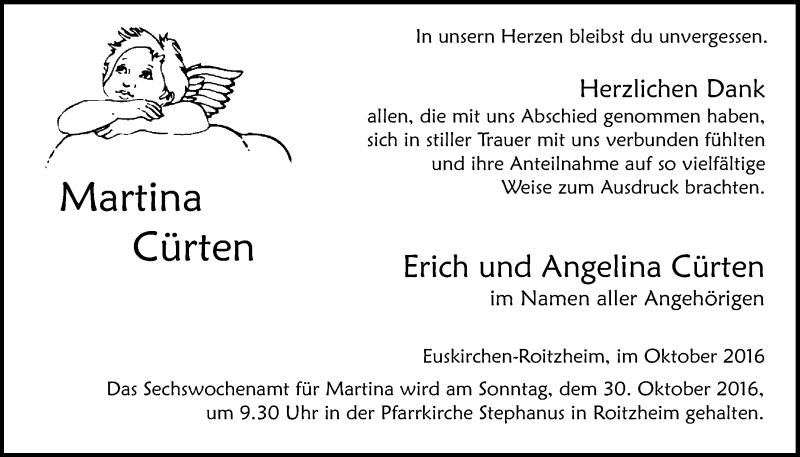  Traueranzeige für Martina Cürten vom 22.10.2016 aus  Blickpunkt Euskirchen 