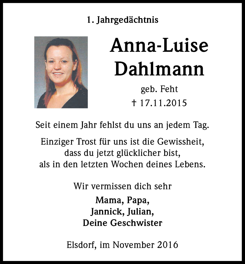  Traueranzeige für Anna - Luise Dahlmann vom 17.11.2016 aus Kölner Stadt-Anzeiger / Kölnische Rundschau / Express