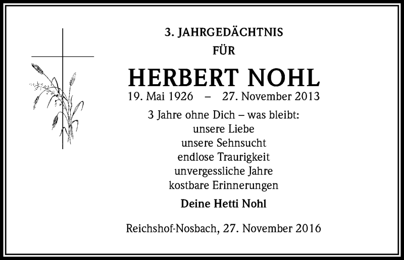  Traueranzeige für Herbert Nohl vom 26.11.2016 aus Kölner Stadt-Anzeiger / Kölnische Rundschau / Express