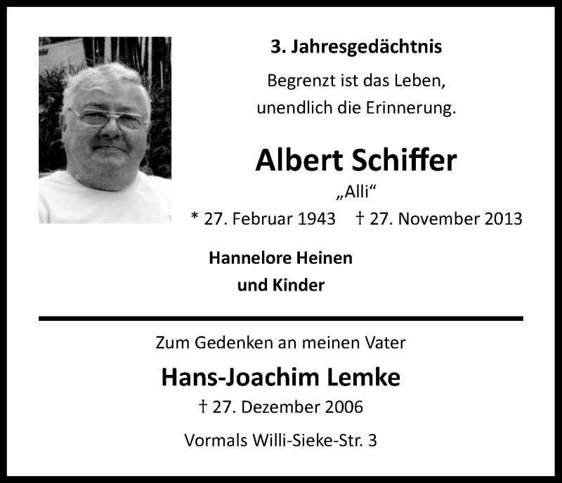  Traueranzeige für Albert Schiffer vom 26.11.2016 aus Kölner Stadt-Anzeiger / Kölnische Rundschau / Express