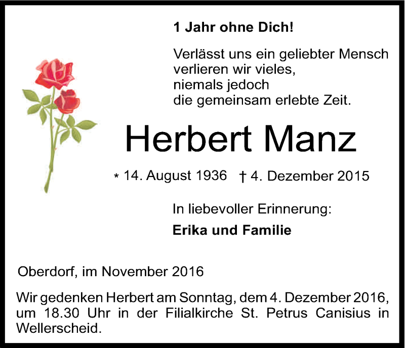  Traueranzeige für Herbert Manz vom 25.11.2016 aus Kölner Stadt-Anzeiger / Kölnische Rundschau / Express