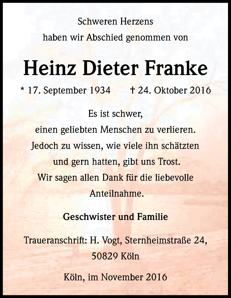  Traueranzeige für Heinz Dieter Franke vom 19.11.2016 aus Kölner Stadt-Anzeiger / Kölnische Rundschau / Express