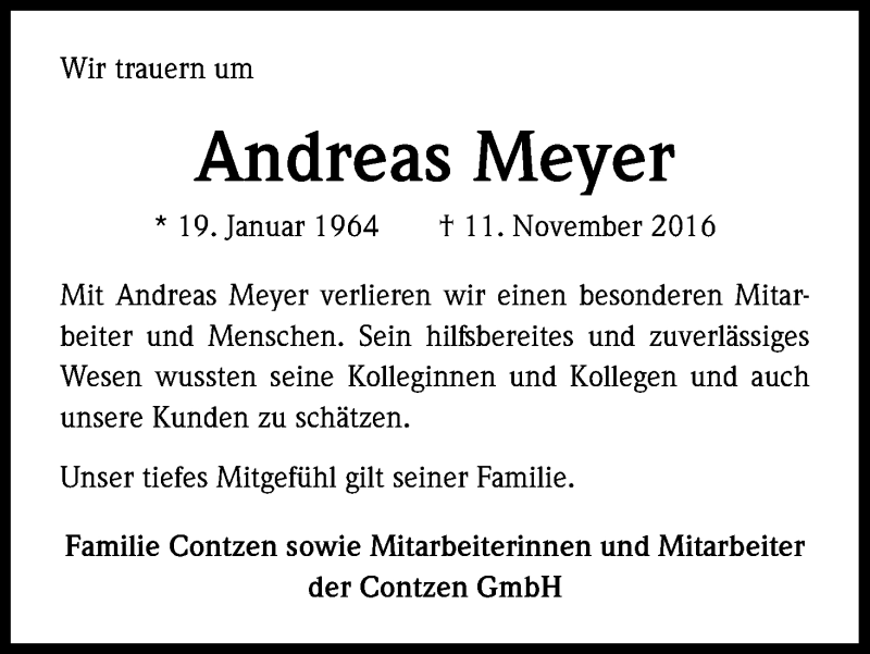  Traueranzeige für Andreas Meyer vom 17.11.2016 aus Kölner Stadt-Anzeiger / Kölnische Rundschau / Express