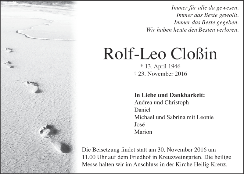  Traueranzeige für Rolf-Leo Cloßin vom 26.11.2016 aus  Blickpunkt Euskirchen 