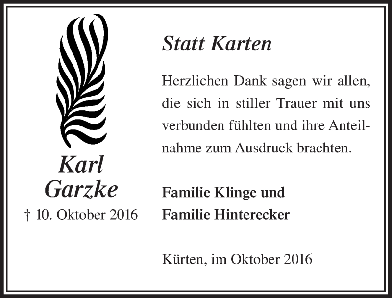  Traueranzeige für Karl Garzke vom 05.11.2016 aus  Bergisches Sonntagsblatt 