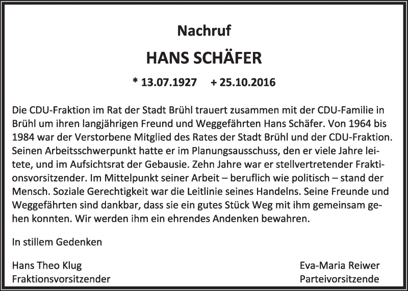  Traueranzeige für Hans Schäfer vom 09.11.2016 aus  Schlossbote/Werbekurier 