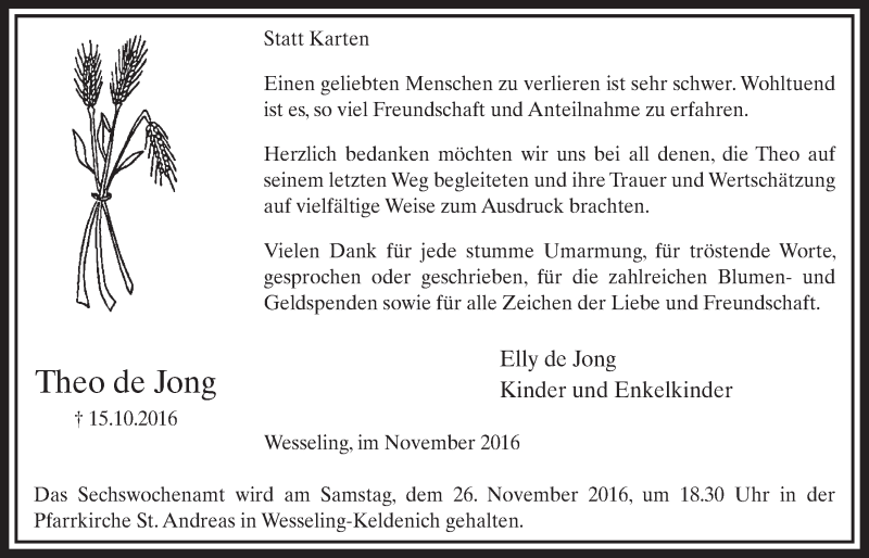  Traueranzeige für Theo de Jong vom 16.11.2016 aus  Schlossbote/Werbekurier 
