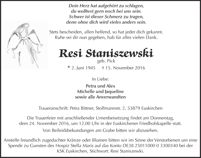  Traueranzeige für Resi Staniszewski vom 19.11.2016 aus  Blickpunkt Euskirchen 