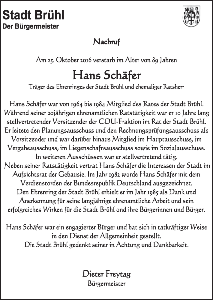  Traueranzeige für Hans Schäfer vom 02.11.2016 aus  Schlossbote/Werbekurier 