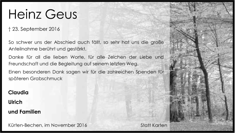  Traueranzeige für Heinz Geus vom 12.11.2016 aus Kölner Stadt-Anzeiger / Kölnische Rundschau / Express