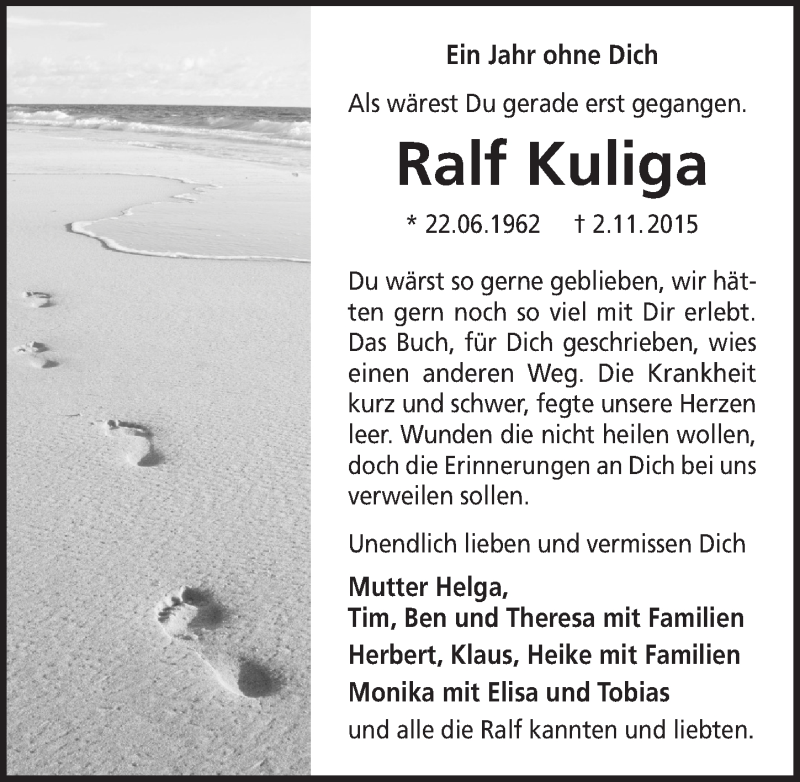  Traueranzeige für Ralf Kuliga vom 02.11.2016 aus  Anzeigen Echo 