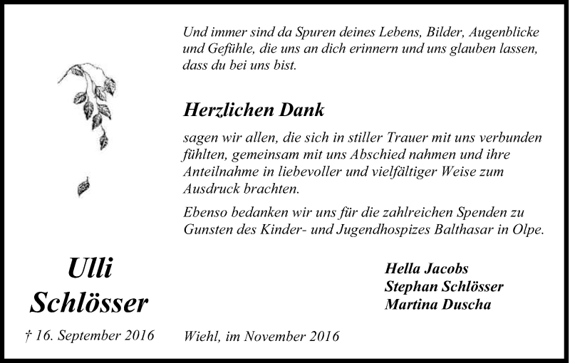  Traueranzeige für Ulli Schlösser vom 05.11.2016 aus Kölner Stadt-Anzeiger / Kölnische Rundschau / Express