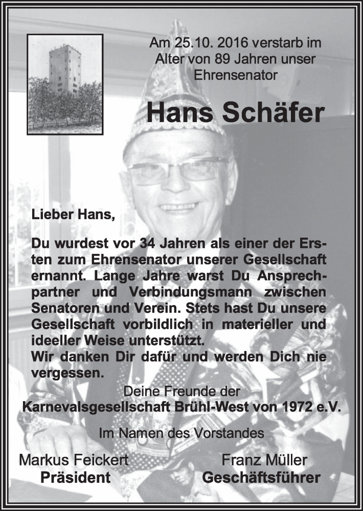  Traueranzeige für Hans Schäfer vom 02.11.2016 aus  Schlossbote/Werbekurier 