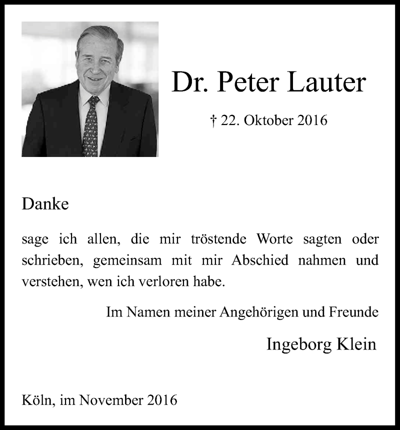  Traueranzeige für Peter Lauter vom 19.11.2016 aus Kölner Stadt-Anzeiger / Kölnische Rundschau / Express