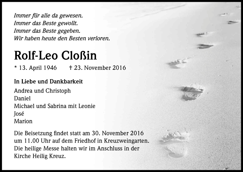  Traueranzeige für Rolf-Leo Cloßin vom 26.11.2016 aus Kölner Stadt-Anzeiger / Kölnische Rundschau / Express