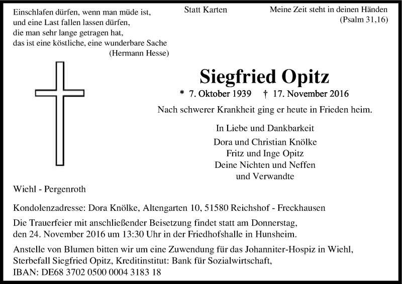  Traueranzeige für Siegfried Opitz vom 22.11.2016 aus Kölner Stadt-Anzeiger / Kölnische Rundschau / Express