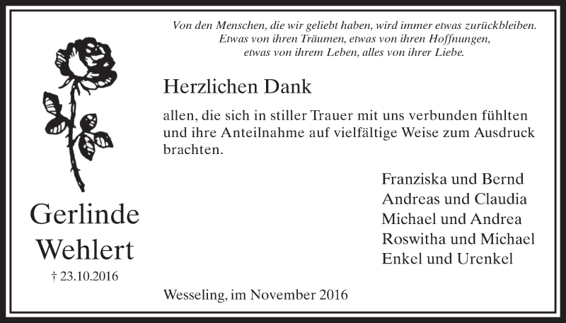  Traueranzeige für Gerlinde Wehlert vom 23.11.2016 aus  Schlossbote/Werbekurier 