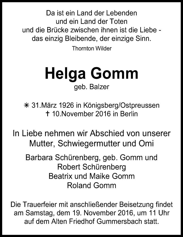  Traueranzeige für Helga Gomm vom 16.11.2016 aus Kölner Stadt-Anzeiger / Kölnische Rundschau / Express