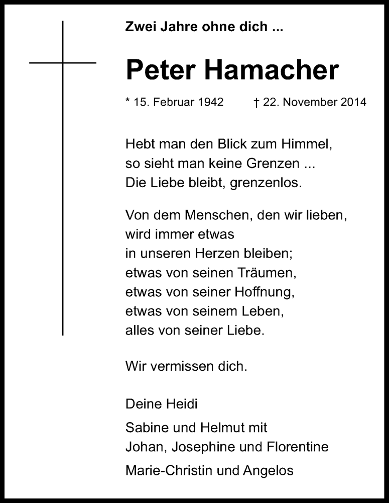  Traueranzeige für Peter Hamacher vom 22.11.2016 aus Kölner Stadt-Anzeiger / Kölnische Rundschau / Express