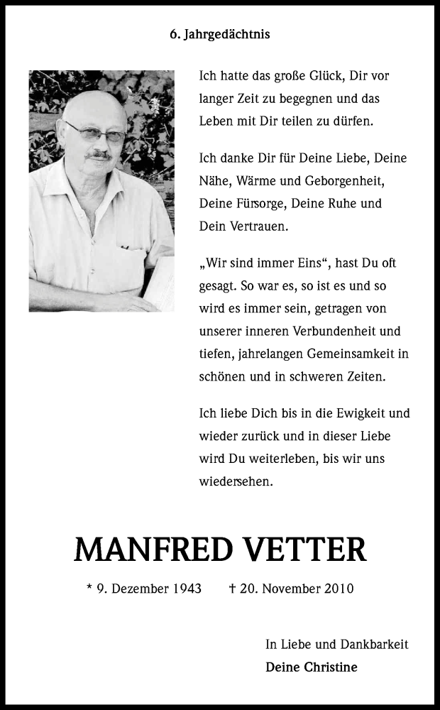  Traueranzeige für Manfred Vetter vom 19.11.2016 aus Kölner Stadt-Anzeiger / Kölnische Rundschau / Express