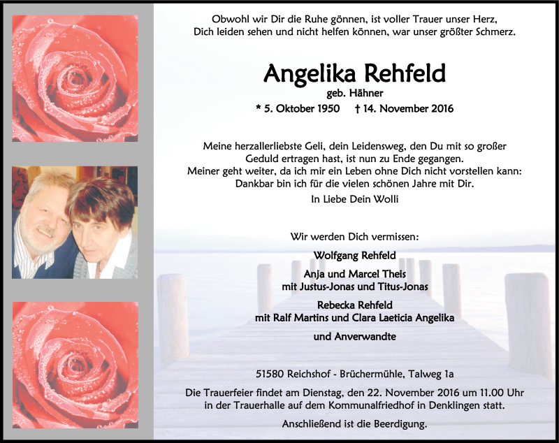  Traueranzeige für Angelika Rehfeld vom 19.11.2016 aus Kölner Stadt-Anzeiger / Kölnische Rundschau / Express