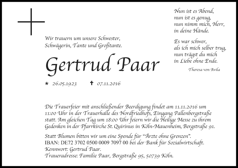  Traueranzeige für Gertrud Paar vom 09.11.2016 aus Kölner Stadt-Anzeiger / Kölnische Rundschau / Express