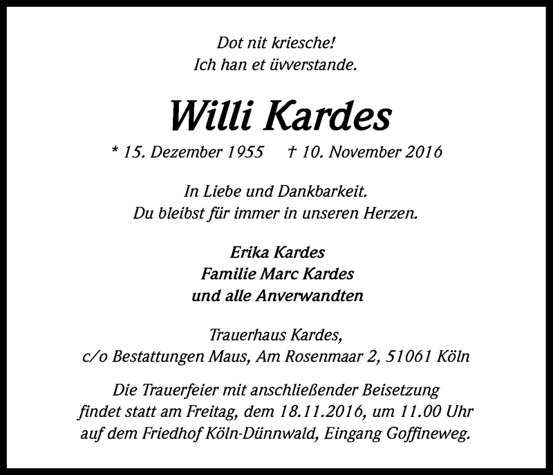  Traueranzeige für Willi Kardes vom 16.11.2016 aus Kölner Stadt-Anzeiger / Kölnische Rundschau / Express