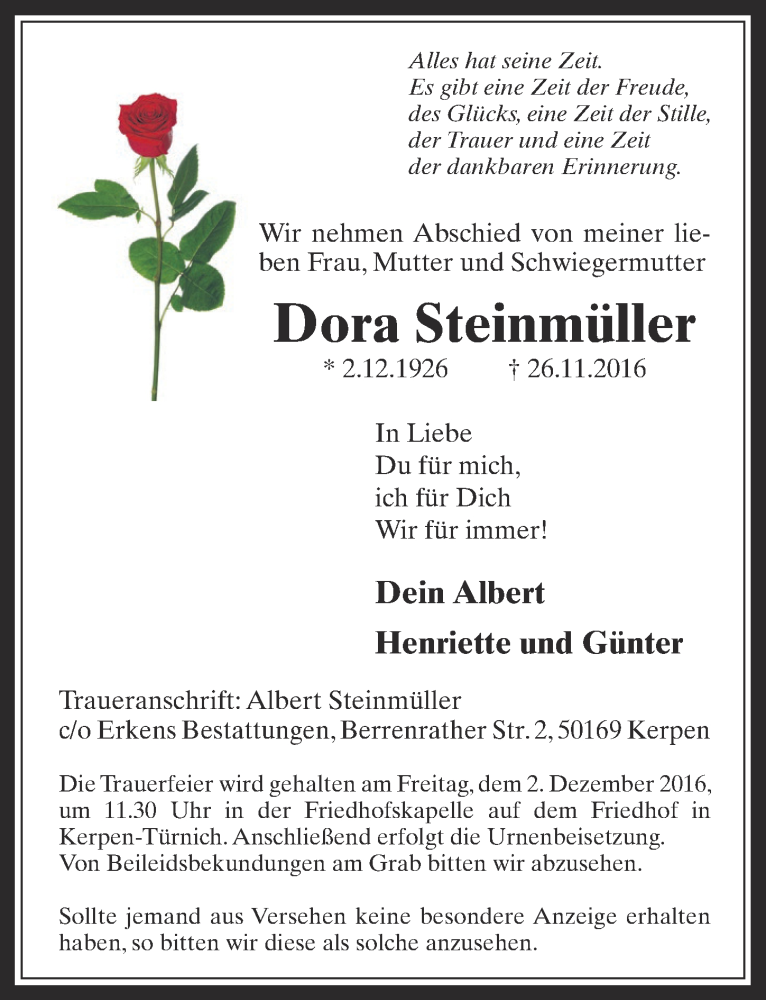  Traueranzeige für Dora Steinmüller vom 30.11.2016 aus  Werbepost 