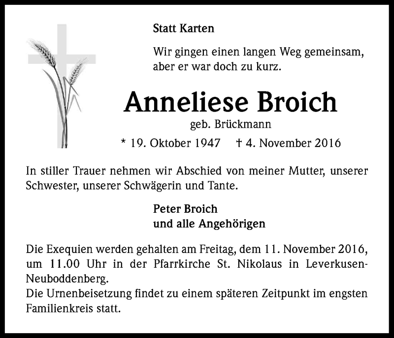  Traueranzeige für Anneliese Broich vom 09.11.2016 aus Kölner Stadt-Anzeiger / Kölnische Rundschau / Express