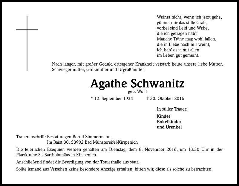  Traueranzeige für Agathe Schwanitz vom 03.11.2016 aus Kölner Stadt-Anzeiger / Kölnische Rundschau / Express