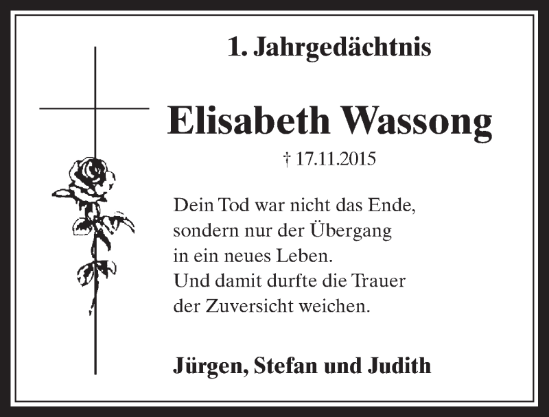  Traueranzeige für Elisabeth Wassong vom 16.11.2016 aus  Wochenende 