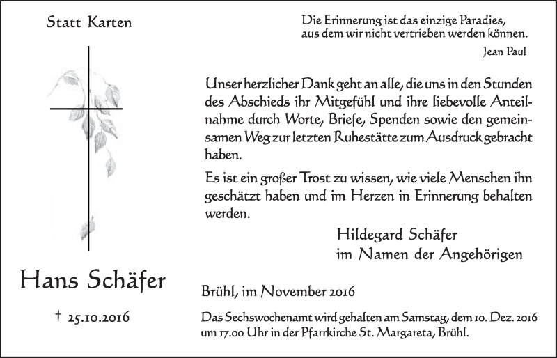  Traueranzeige für Hans Schäfer vom 23.11.2016 aus  Schlossbote/Werbekurier 