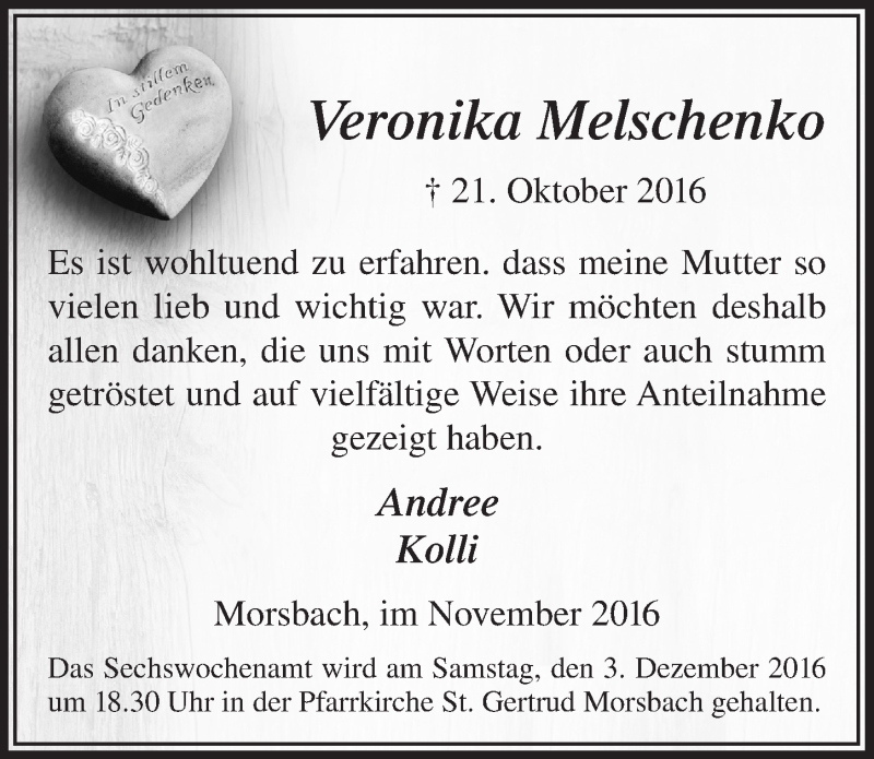  Traueranzeige für Veronika Melschenko vom 09.11.2016 aus  Lokalanzeiger 