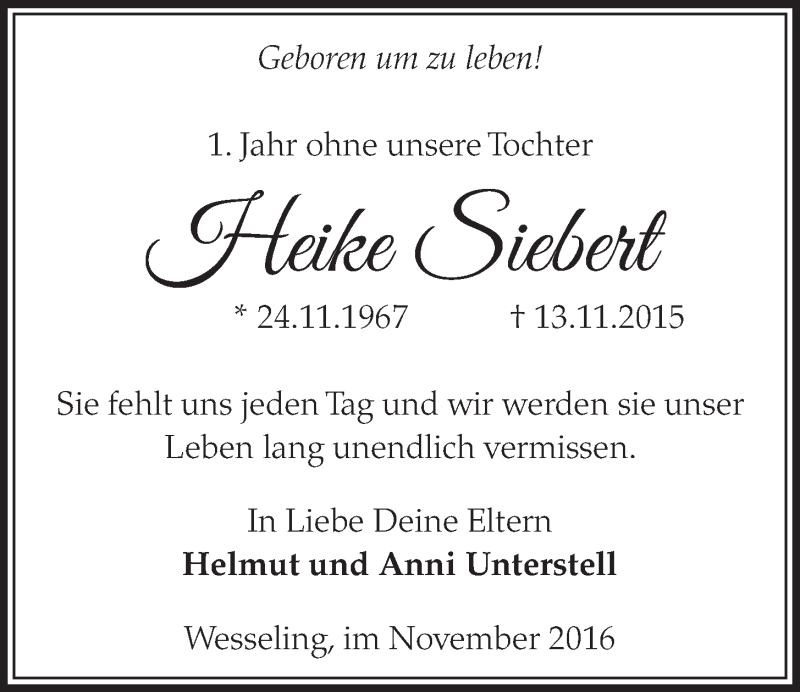  Traueranzeige für Heike Siebert vom 09.11.2016 aus  Schlossbote/Werbekurier 