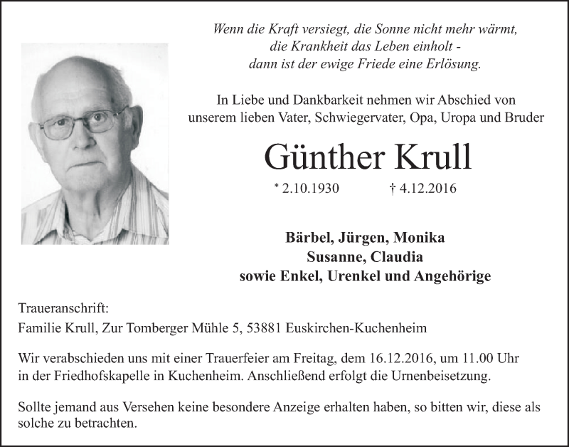  Traueranzeige für Günther Krull vom 10.12.2016 aus  Blickpunkt Euskirchen 