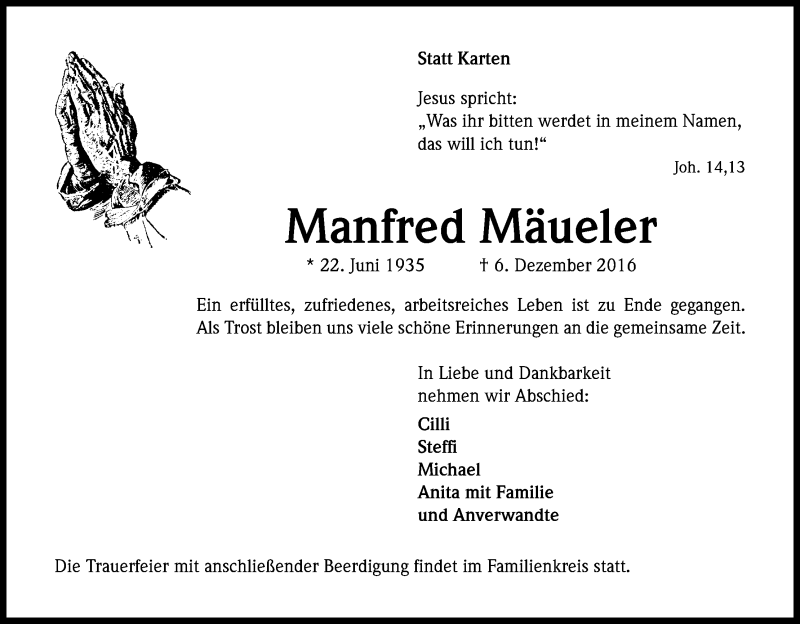  Traueranzeige für Manfred Mäueler vom 09.12.2016 aus Kölner Stadt-Anzeiger / Kölnische Rundschau / Express