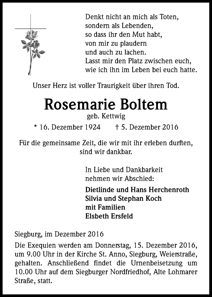  Traueranzeige für Rosemarie Boltem vom 10.12.2016 aus Kölner Stadt-Anzeiger / Kölnische Rundschau / Express