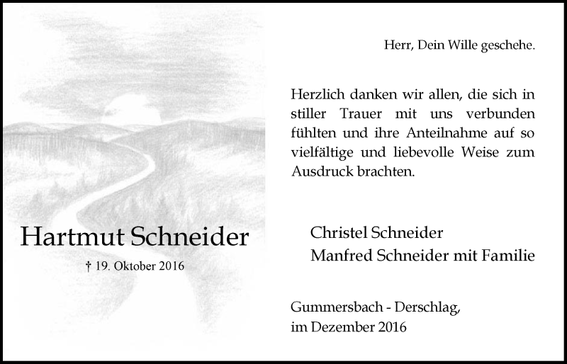  Traueranzeige für Hartmut Schneider vom 07.12.2016 aus  Anzeigen Echo 