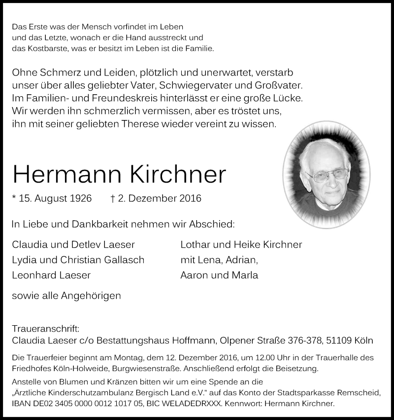  Traueranzeige für Hermann Kirchner vom 08.12.2016 aus Kölner Stadt-Anzeiger / Kölnische Rundschau / Express