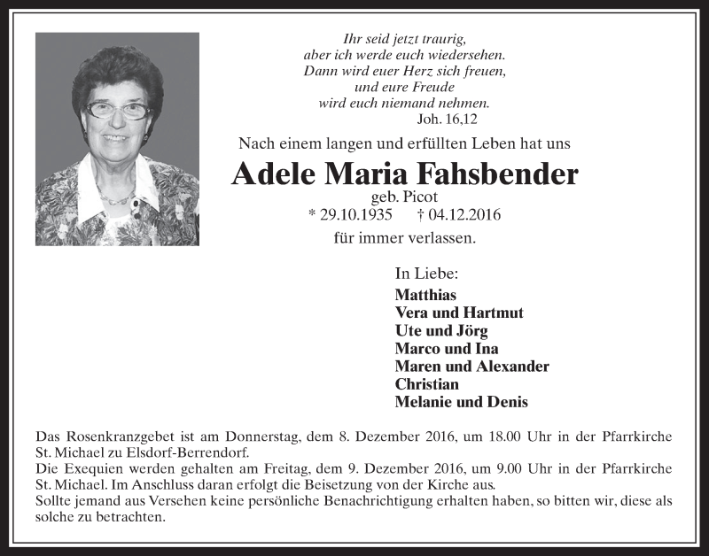  Traueranzeige für Adele Maria Fahsbender vom 07.12.2016 aus  Werbepost 