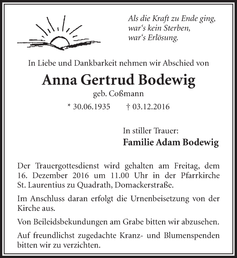 Traueranzeige für Anna Gertrud Bodewig vom 10.12.2016 aus  Sonntags-Post 