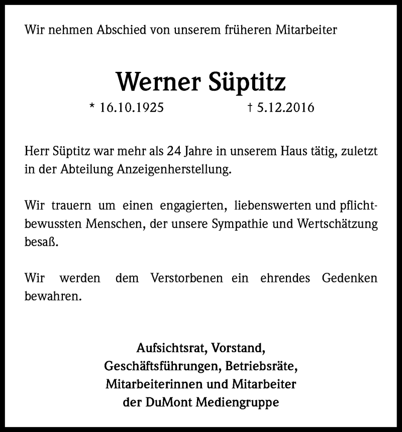 Traueranzeige für Werner Süptitz vom 10.12.2016 aus Kölner Stadt-Anzeiger / Kölnische Rundschau / Express