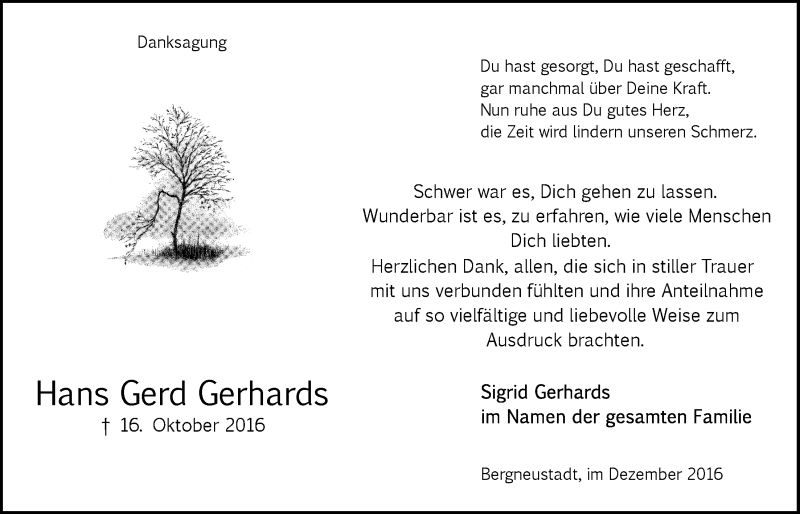 Traueranzeige für Hans Gerd Gerhards vom 28.12.2016 aus  Anzeigen Echo 