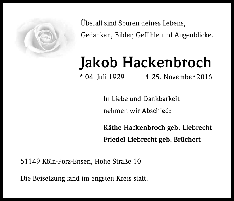  Traueranzeige für Jakob Hackenbroch vom 10.12.2016 aus Kölner Stadt-Anzeiger / Kölnische Rundschau / Express