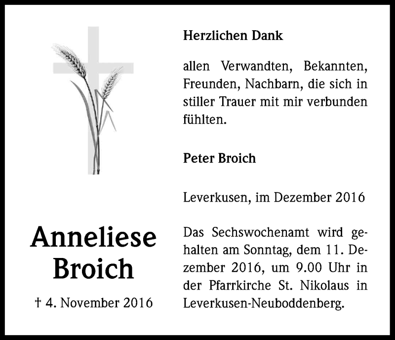  Traueranzeige für Anneliese Broich vom 09.12.2016 aus Kölner Stadt-Anzeiger / Kölnische Rundschau / Express
